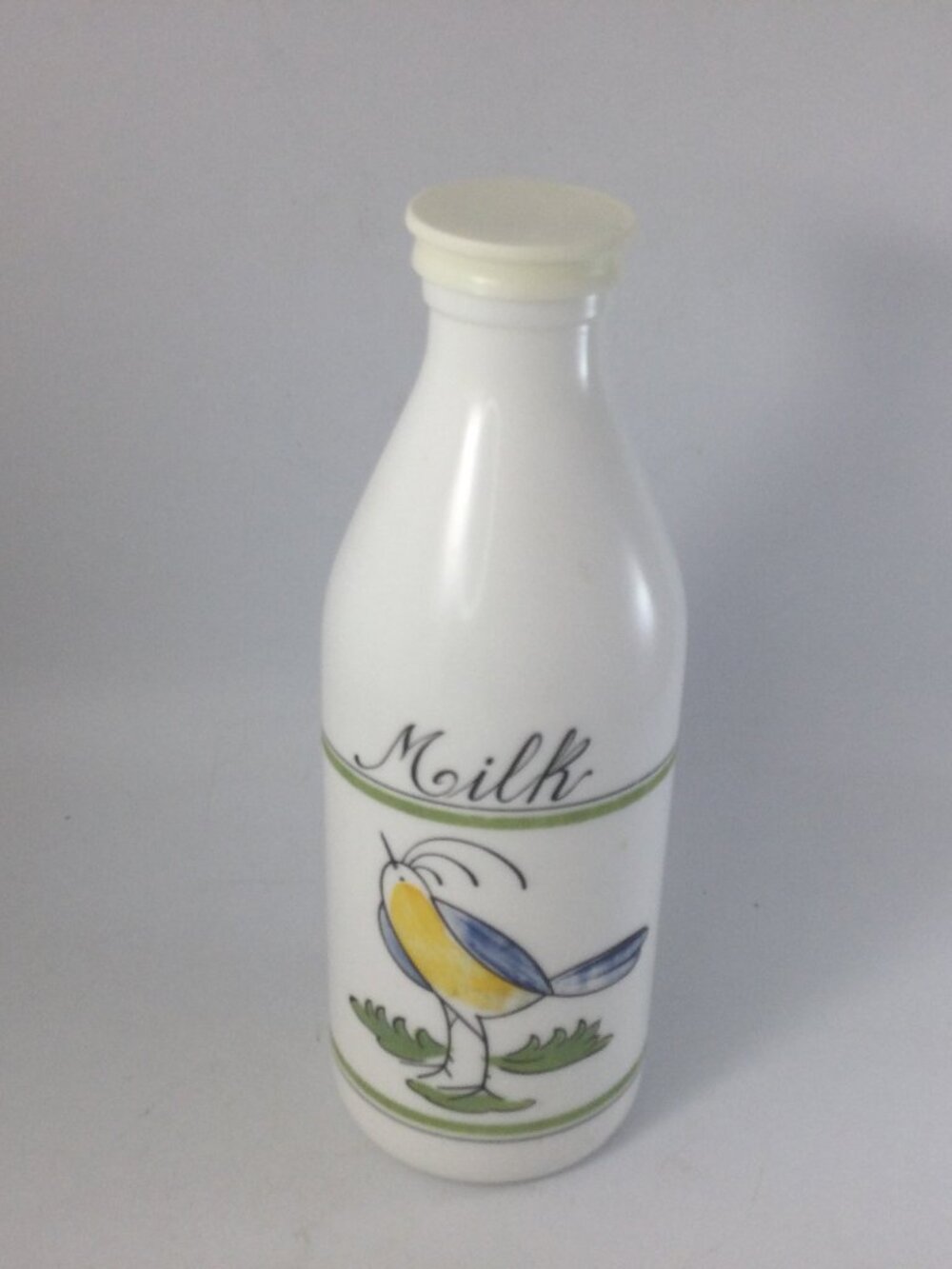 Vintage Engizia White Milk Glass Bottle Lid Handpainted Bird 10" H Quart